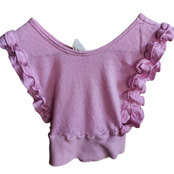Girls 12 Vintage Crop Top 1970's Pink Ruffled Knit Textured Diamond Pattern - Picture 2 of 5